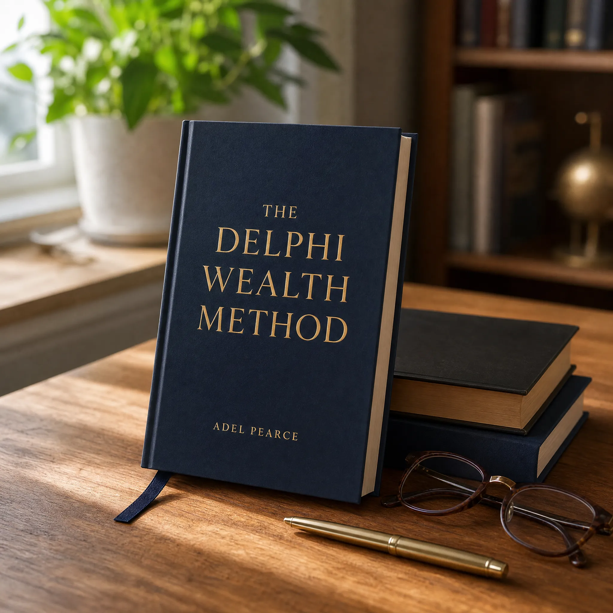 The Delphi Wealth Method by Adel Pearce - navy hardcover with gold lettering, on a study desk